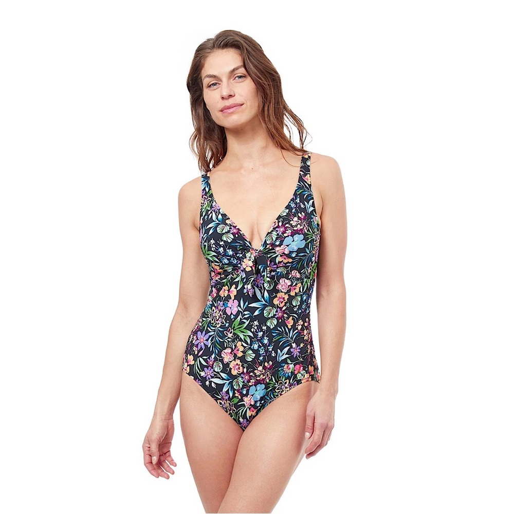 Gottex Women Floral V-Neck One Piece Swimsuit Black Multi Size 8 E24082104